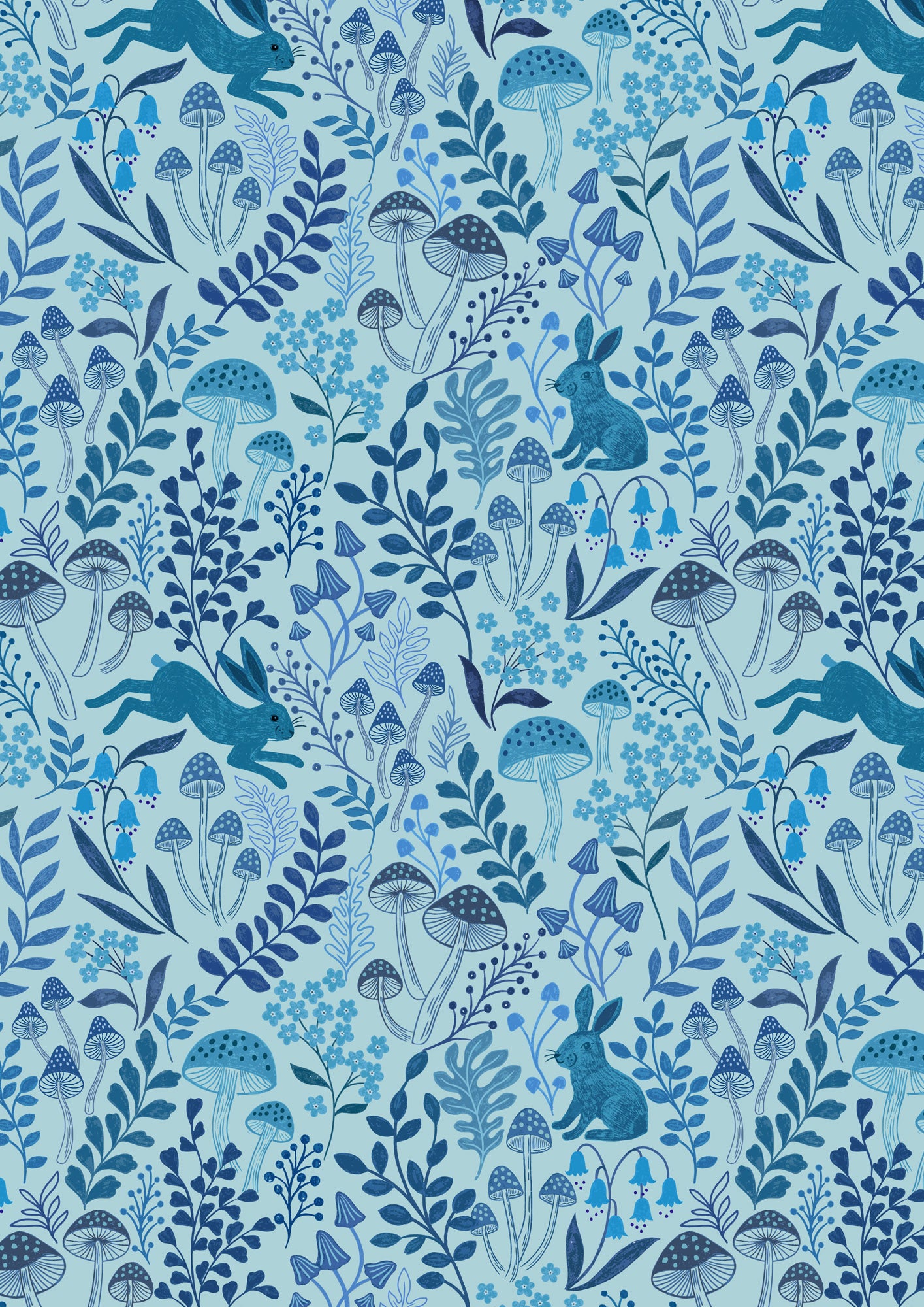 Rabbit meadow on eggshell blue