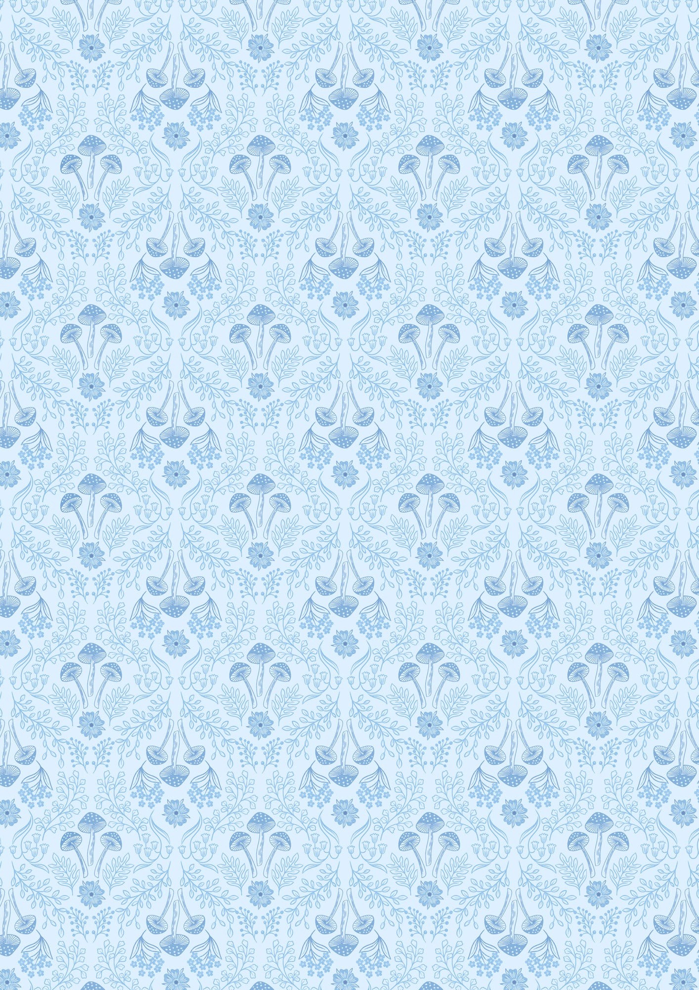 Woodland mushrooms on pale blue