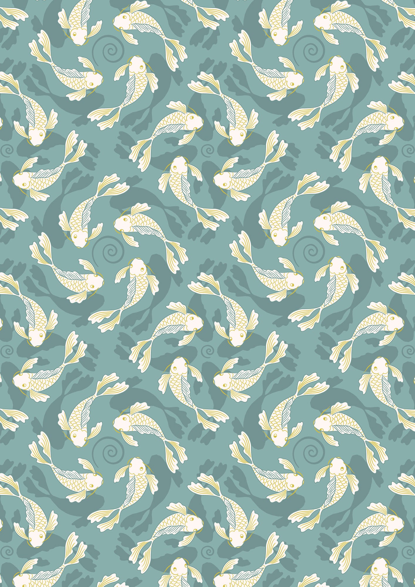 Swimming koi on pond blue with gold metallic