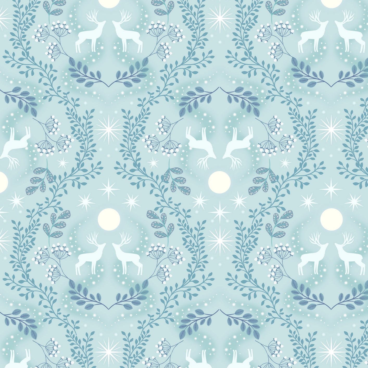 Pattern of deer and foliage on a light blue background