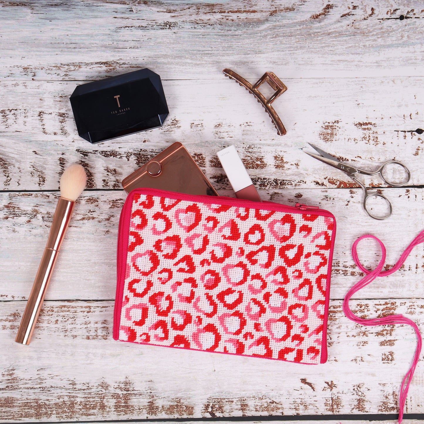 Half Stitch/Tapestry Kit: Stitch Your Own Make Up Pouch: Love Leopard