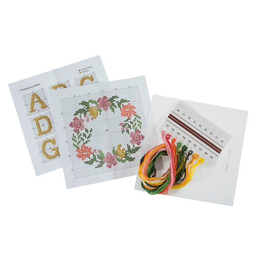 Mini Counted Cross Stitch Kit: Floral Wreath Monogram