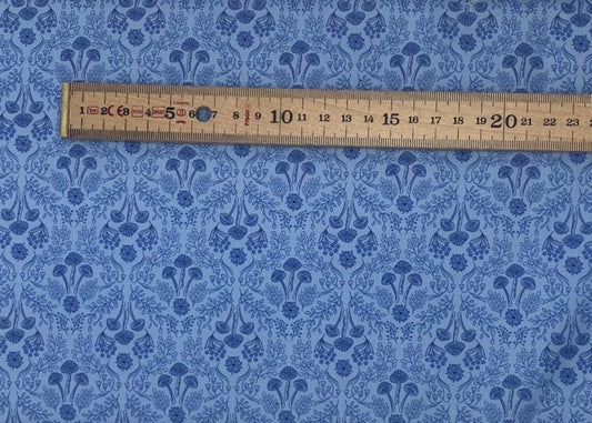 Woodland mushrooms on mid blue