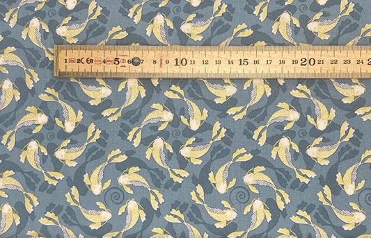 Swimming koi on pond blue with gold metallic