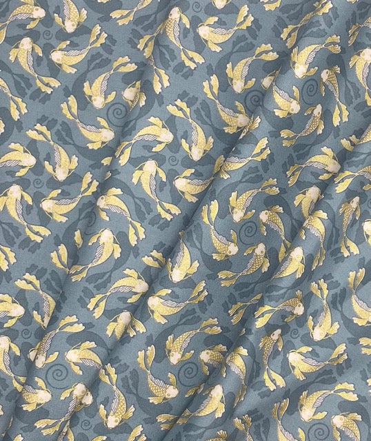 Swimming koi on pond blue with gold metallic