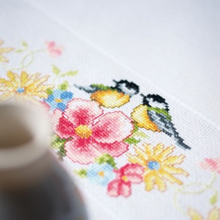 Counted Cross Stitch Tablecloth Kit: Tits & Spring Flowers