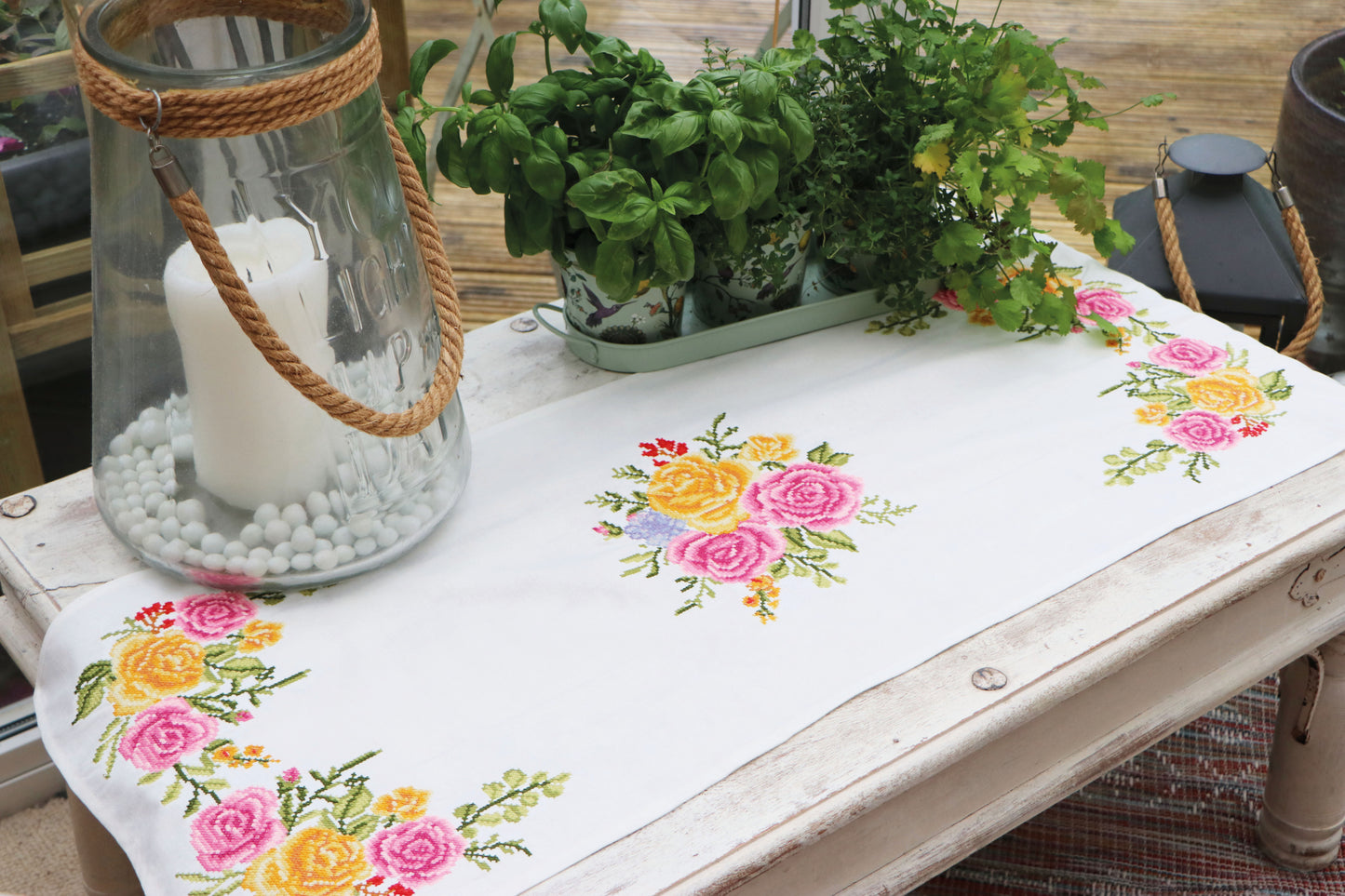 Printed Cross Stitch Table Runner Kit: Floral Bouquet