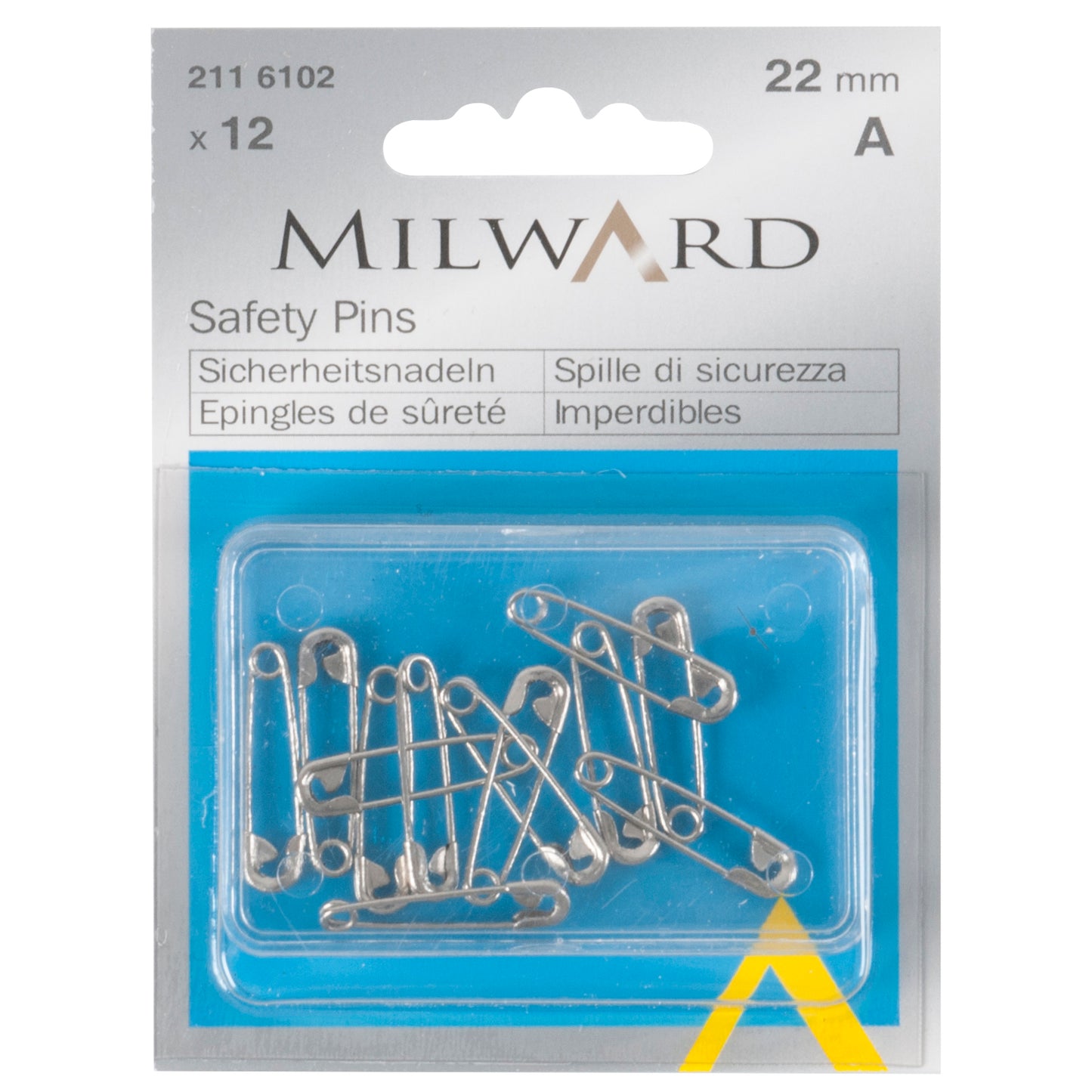 Safety Pins: Silver: 22mm: 12 Pieces