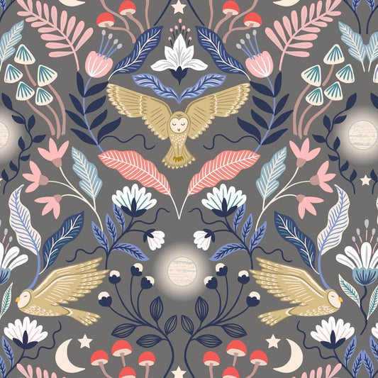Enchanted owl on dark grey with silver metallic