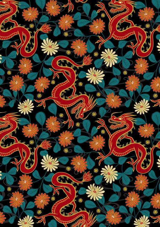 Dragon on black with gold metallic