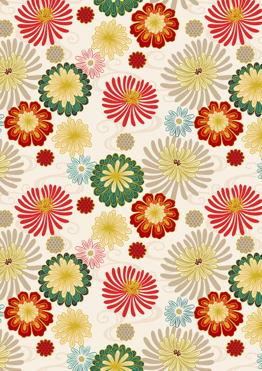 Multi Year of the Dragon floral on cream with gold metallic