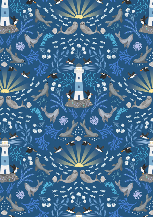 Puffin rock lighthouse on dark blue