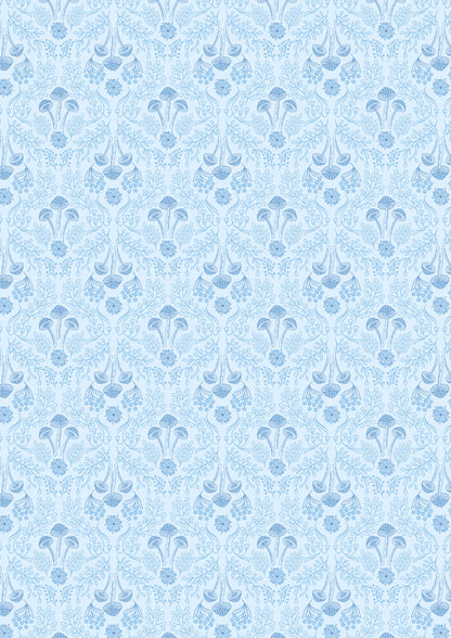 Woodland mushrooms on pale blue