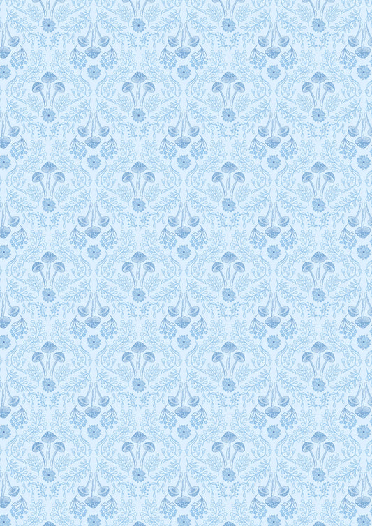 Woodland mushrooms on pale blue
