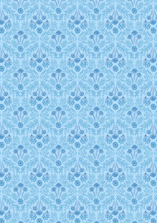 Woodland mushrooms on mid blue