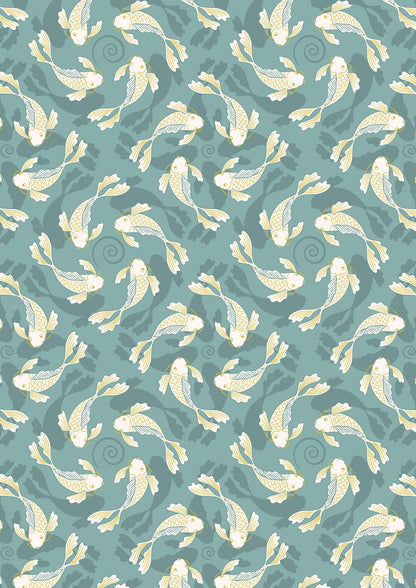 Swimming koi on pond blue with gold metallic