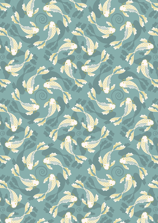 Swimming koi on pond blue with gold metallic