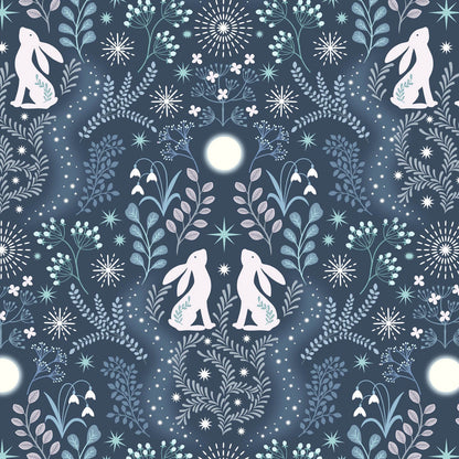 Winter hare on midnight blue with pearl