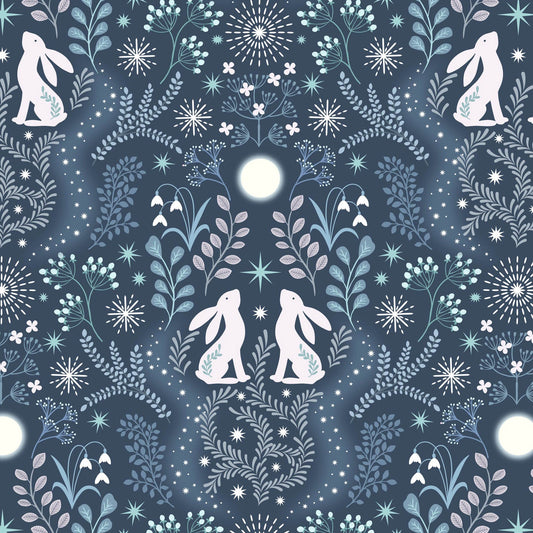 Winter hare on midnight blue with pearl