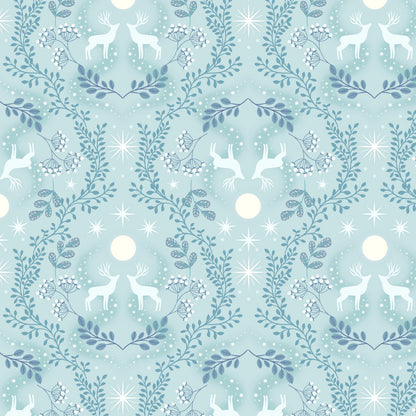 Pattern of deer and foliage on a light blue background