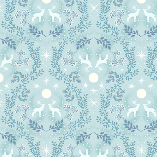 Pattern of deer and foliage on a light blue background