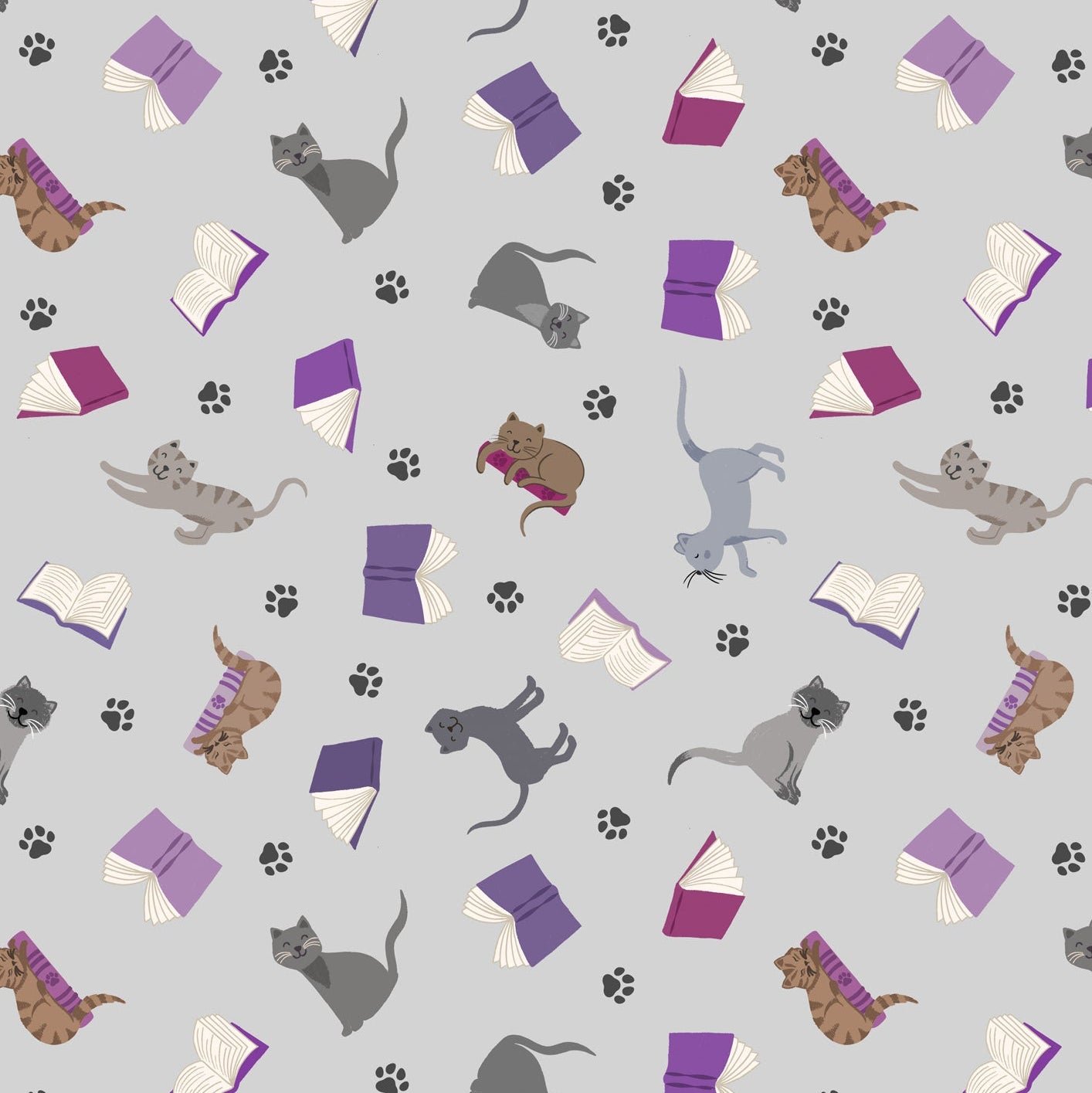 Scattered cats and books on grey