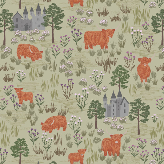 Castles and highland cattle on light sage - Flannel