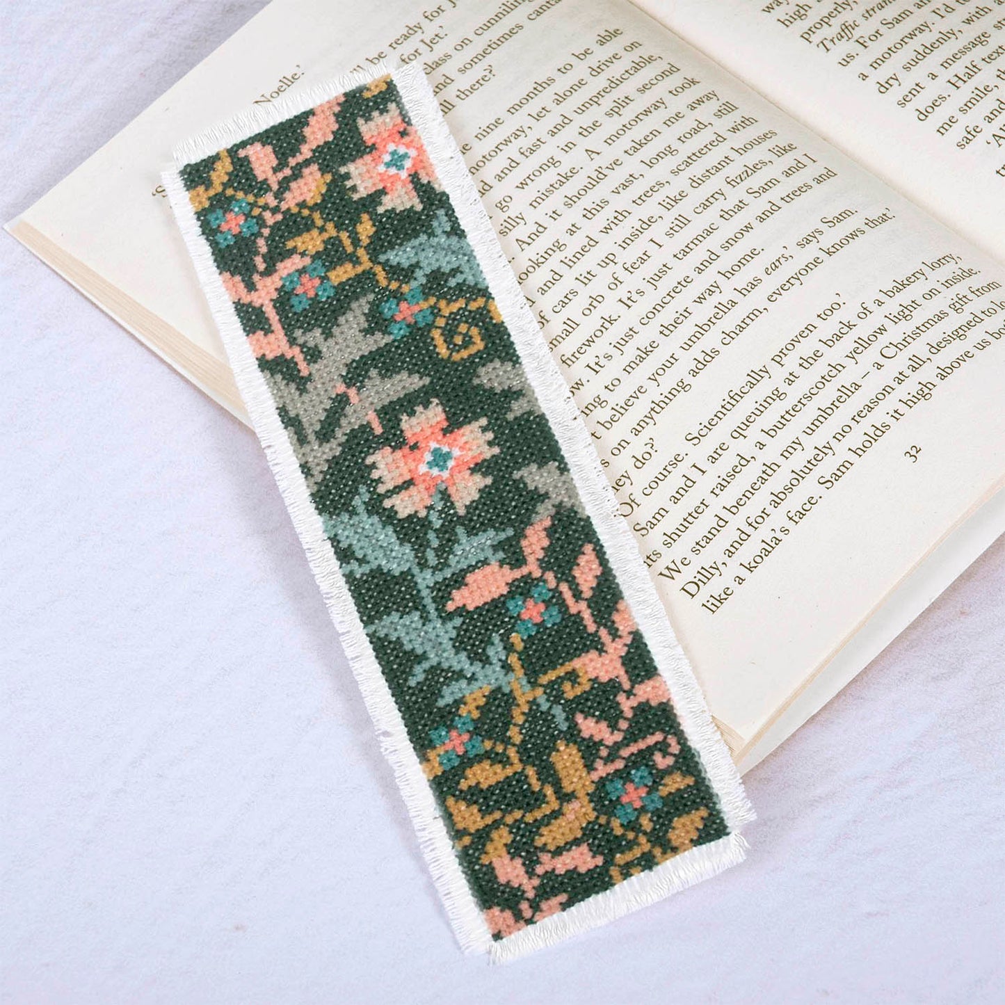 Mini Counted Cross Stitch Bookmark: Floral Woodblock
