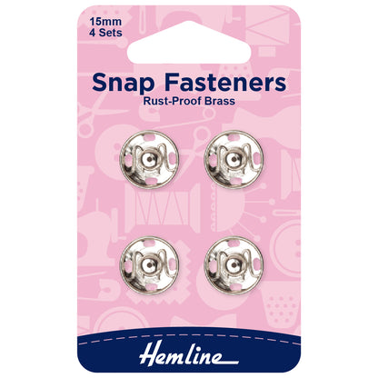 Snap Fasteners: Sew-on: Nickel: 15mm: Pack of 4