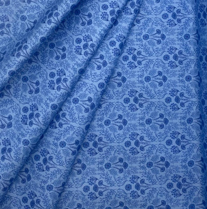 Woodland mushrooms on mid blue