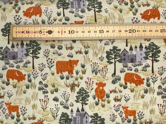Castles and highland cattle on light sage - Flannel