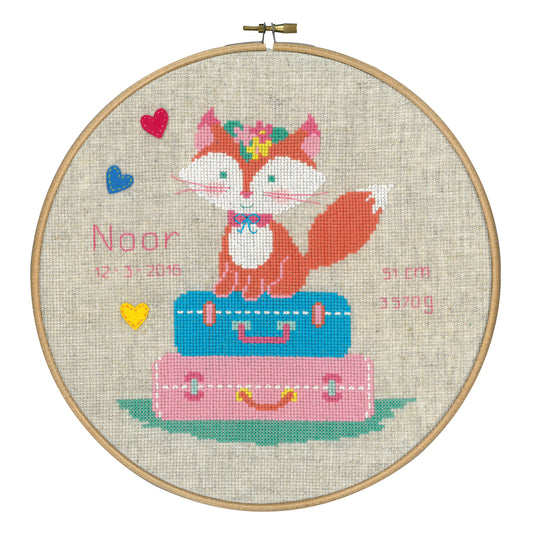 Fox on Travel Counted Cross Stitch Kit: Birth Record