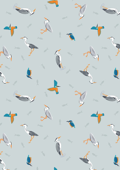 Herons and kingfisher on light blue