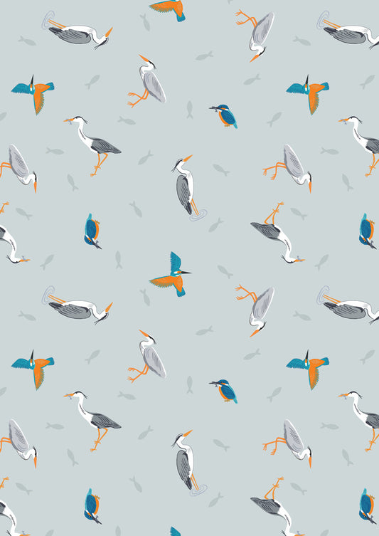 Herons and kingfisher on light blue